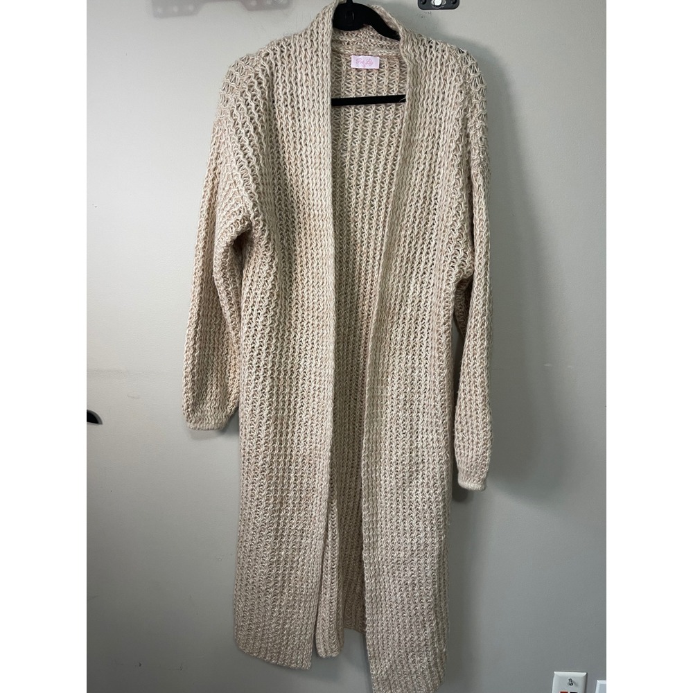 Pink Lily Womens Beige Open Knit Long Duster Cardigan Sweater Size S boho chic